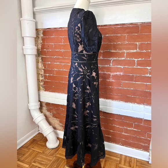 Anthropologie Ophelia Midi Dress Black Lace Puff Sleeve V Neck Button Front - Picture 5 of 16